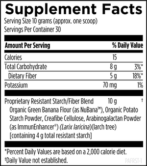 Supplement facts for PaleoFiber RS listing ingredients including Arabinogalactan, Cellulose (vegetarian capsule), Larch, Larix Laricina