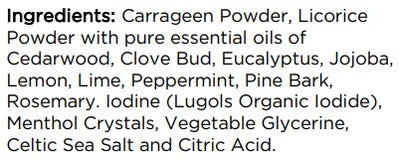 Supplement facts for Ear Nose Throat Tonic listing ingredients including Cedarwood Oil, Citric Acid, Clove bud, Eucalyptus Oil, Glycine