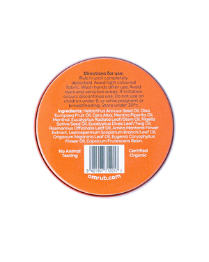 Supplement facts for Omrub 60gm listing ingredients including Althaea officinalis, Arnica montana, Beeswax, Black cumin, Capsicum annum