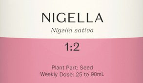 Supplement facts for Nigella 1:2 listing ingredients including Black seed oil, Nigella sativa