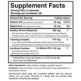 Supplement facts for AnxiaEase listing ingredients including Ashwagandha, Ashwagandha (Withania somnifera), Bifidobacterium, Bifidobacterium longum, Holy Basil