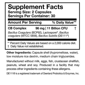 Supplement facts for CoreBiotic Sensitive listing ingredients including Bacillus Coagulans, Bacillus Coagulans MTCC 5856, Bacillus Subtilis, Bacillus coagulans MTCC 5856, Bacillus subtilis DE111