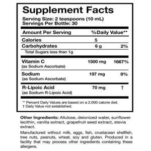 Ingredients: calories, carbohydrates, sugars, Vitamin C, sodium, and R-Lipoic Acid. Below the label, text lists other ingredients and manufacturing information.