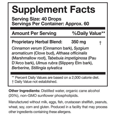 Supplement facts for Elim-A-Cand listing ingredients including Althaea officinalis, Berberine, Cinnamomum cassia, Cinnamon, Clove (Syzygium aromaticum)