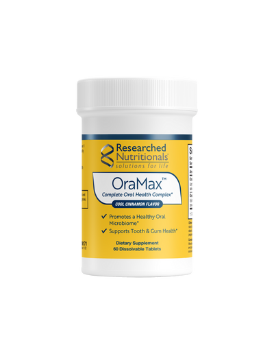 A supplement container of OraMax by Researched Nutritionals