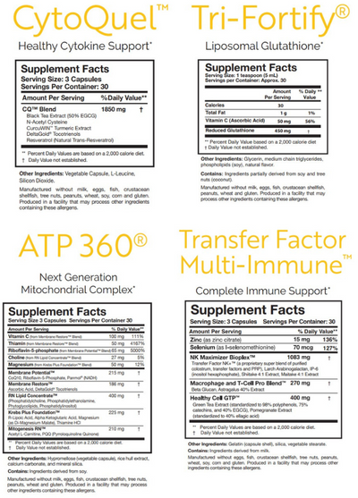 Supplement facts for Foundation Kit (Orange) listing ingredients including Alpha Lipoic Acid, Arabinogalactan, Ascorbyl Palmitate, Bacopa Monnieri, Beta Glucan