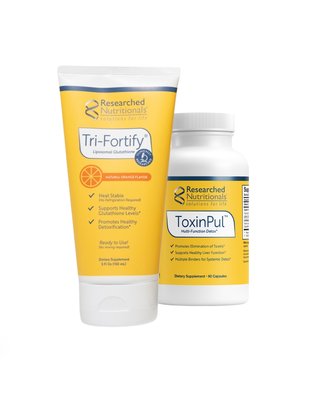 A supplement container of Revitalizing Detox Duo (Orange) by Researched Nutritionals