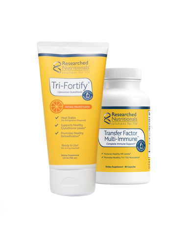 A supplement container of Enhanced Immunity Duo (Orange) by Researched Nutritionals