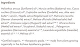 Supplement facts for Tingle Balm listing ingredients including Aloe Vera, Angustifolia, Artemisia, Chamomile, Chamomile (German)