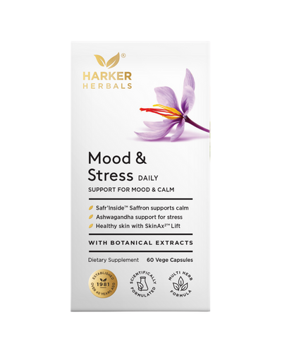 A supplement container of Mood & Stress 60caps by Harker Herbals