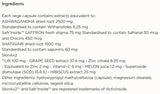 Supplement facts for Mood & Stress 60caps listing ingredients including Affron, Ashwagandha, Ashwagandha (Withania somnifera), Asparagus racemosus, Crocus sativus