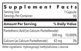Supplement facts for Pantothenic Acid listing ingredients including Calcium Pantothanate, Vitamin B5, Vitamin B5 (Pantothenic Acid)