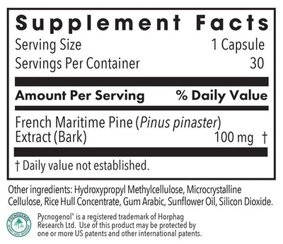 Supplement facts for Pycnogenol listing ingredients including Pine (Pinus spp.), Pine Bark Extract (Pinus pinaster), Pine Bark Extract (Pinus spp.), Pycnogenol (French maritime pine bark extract)