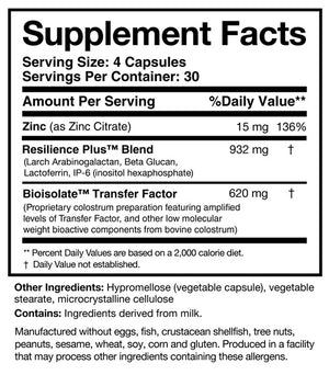 Supplement facts for Transfer Factor Rapid Response listing ingredients including Beta Glucan, Colostrum, Inositol hexaphosphate, Lactoferrin, Larch Arabinogalactan