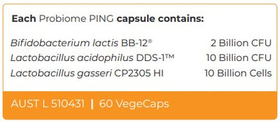 Supplement facts for Probiome PING listing ingredients including Bifidobacterium, Bifidobacterium lactis, Lactobacillus, Lactobacillus Gasseri, Lactobacillus acidophilus