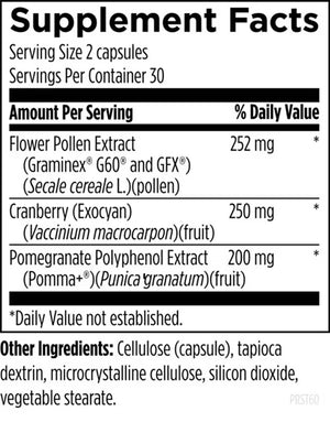 Supplement facts for Prostect listing ingredients including Cranberry, Cranberry (Vaccinium macrocarpon), Pomegranate Extract (Punica Granatum), Pomegranate Extract (Punica granatum), Vaccinium macrocarpon