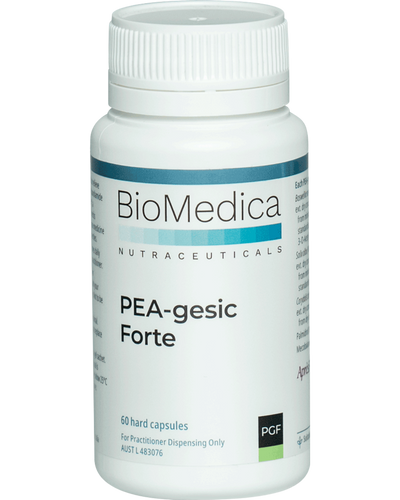 A supplement container of PEA-gesic Forte 60 capsules by Bio-Medica