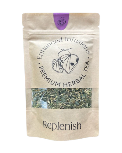 A supplement container of Replenish Premium Herbal Tea by Enhanced Wellbeing