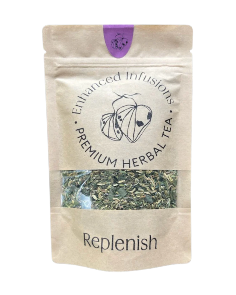 A supplement container of Replenish Premium Herbal Tea by Enhanced Wellbeing