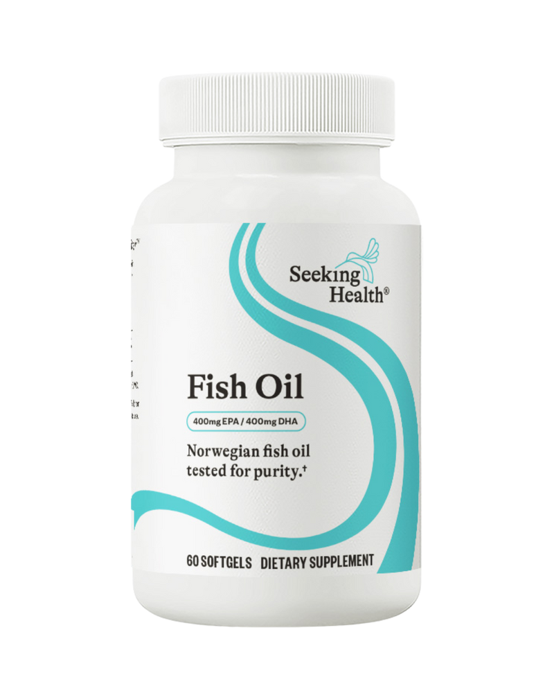 A supplement container of Fish Oil 60 Softgel by Seeking Health
