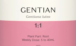 Supplement facts for Gentian 1:1 listing ingredients including Gentian Extract, Gentian Lutea