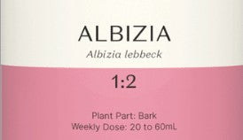 Supplement facts for Albizia 1:2 listing ingredients including Albizia julibrissin, Berberine, Berberis vulgaris, Cat's Claw Bark Extract (Percepta® PT1-00703®), Catuaba Bark