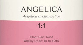 Supplement facts for Angelica 1:1 listing ingredients including Angelica sinensis