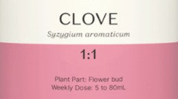 Supplement facts for Clove 1:1 listing ingredients including Clove (Syzygium aromaticum), Clove bud