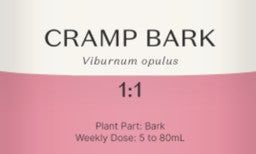 Supplement facts for Cramp Bark 1:1 listing ingredients including Cramp Bark