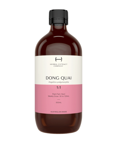 Supplement facts for Dong Quai 1:1 listing ingredients including Angelica sinensis, Dong Quai