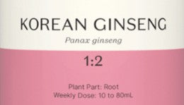 Supplement facts for Korean Ginseng 1:2 listing ingredients including Ginseng, Korean Ginseng (Panax ginseng)