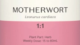 Supplement facts for Motherwort 1:1 listing ingredients including Leonurus Cardiaca, Motherwort