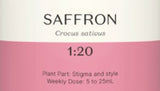 Supplement facts for Saffron 1:20 listing ingredients including Affron, Crocus sativus, Crocus sativus stigmas, Saffron (Crocus sativus)