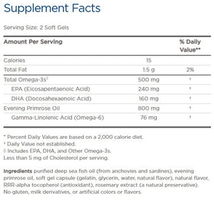 Supplement facts for Omega Woman listing ingredients including DHA, Docosahexaenoic acid, EPA, Eicosapentaenoic acid, Evening Primrose oil