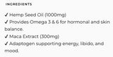 Supplement facts for Hormone Harmony (Previously Hempseed Oil and Maca) listing ingredients including Hemp Seed Oil, Maca extract, Omega 3, Omega 6