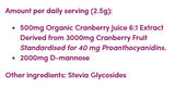 Supplement facts for Cranberry Active listing ingredients including Cranberry, Mannose, Proanthocyanidins, Stevia (Stevia rebaudiana), Vaccinium macrocarpon