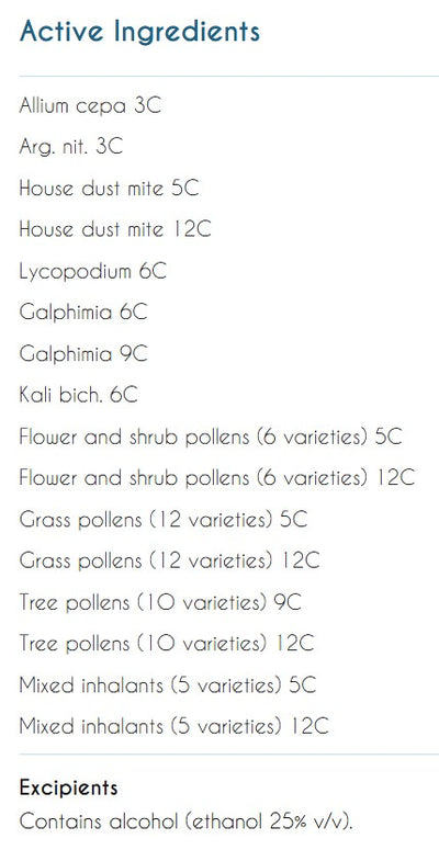 Supplement facts for Acute Airborne Allergy Ease listing ingredients including Argentum Nitricum, Dust Mite, Kali Bichromicum, Lomatium Dissectum, Onion (Allium Cepa)