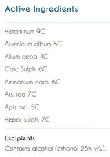 Supplement facts for Acute Allergy Ease listing ingredients including Arsenicum Album, Calcium, Ethanol, Histaminum Muriaticum, Onion (Allium Cepa)