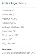 Supplement facts for Acute Instant Calm listing ingredients including Argentum Nitricum, Ethanol, Gelsemium Sempervirens, Gnatia Amara, Hyoscyamus