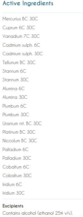 Supplement facts for Acute Metal Chel8 listing ingredients including Ethanol, Vanadium