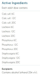 Supplement facts for Genesis Expression & Freewill listing ingredients including Lachesis, Phosphorus