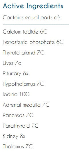 Supplement facts for Organo Thy Balance listing ingredients including Adrenal Complex, Calcium, Cod liver, Cod liver oil, DAO2 Porcine Kidney Extract