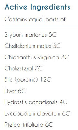 Supplement facts for Organo LiverGall listing ingredients including Bergamot, Celandine, Chinese Club Moss, Cod liver, Cod liver oil