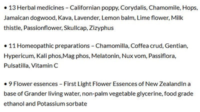 Supplement facts for SleepDrops for Adults listing ingredients including Chamomile, Corydalis Turtschinovii, Ethanol, First Light Flower Essences Of New Zealand, Gentian Extract
