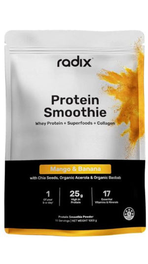 A Supplement bag with the name Whey Protein Smoothie (Mango & Banana) by Radix Nutrition).