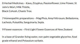 Supplement facts for SleepDrops Menopauzzz listing ingredients including Belladonna, Black cohosh, Bloodroot (Sanguinaria canadensis), Chaste extract, Ethanol