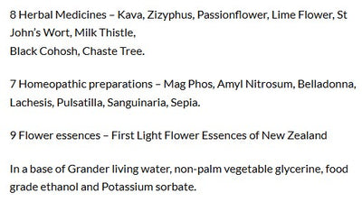 Supplement facts for SleepDrops Menopauzzz listing ingredients including Belladonna, Black cohosh, Bloodroot (Sanguinaria canadensis), Chaste extract, Ethanol