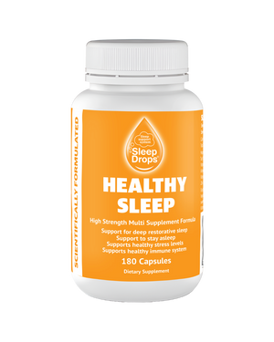 A supplement container of SleepDrops Healthy Sleep (180 caps) by SleepDrops