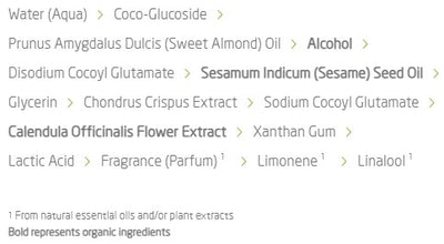 Supplement facts for Calendula Baby Shampoo & Body Wash listing ingredients including Calendula Extract, Cetyl Alcohol, Glycine, Helichrysum Hydrosol, Indian Frankincense Extract