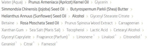 Supplement facts for Harmonising Body Lotion Wild Rose listing ingredients including Alpha lipopic acid R from, Apricot (Prunus Armenica), Behenyl Alcohol, Benzyl Alcohol, Betaine HCI